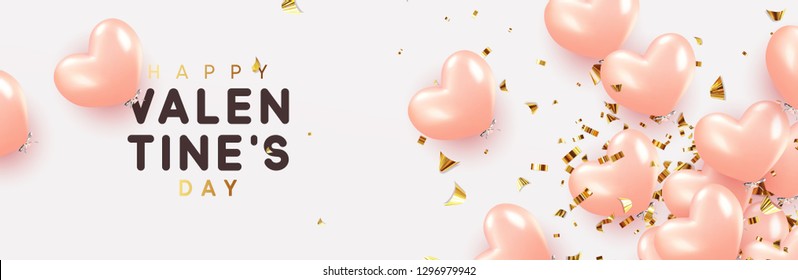 Happy Valentine's Day, background with realistic pink balloons shape heart