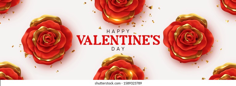 Happy Valentine's Day. Background with realistic 3d flower metal rose, red and gold color, Glitter golden confetti. Pattern of flower buds. Horizontal banner, poster, header for website. Vector