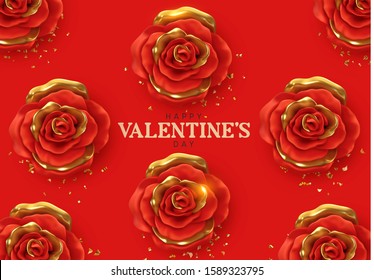 Happy Valentine's Day. Background with realistic 3d flower metal rose, red and gold color, Glitter golden confetti. Pattern of flower buds. Vector illustration