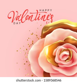 Happy Valentine's Day. Background with realistic 3d flower rose, pink and gold color, glitter confetti. Calligraphic text lettering. Greeting card, holiday poster, banner. Romantic brochure flyer