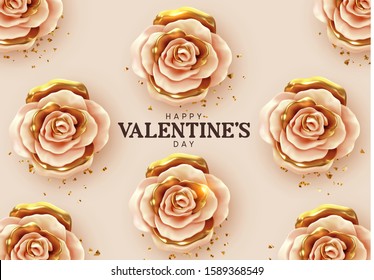 Happy Valentine's Day. Background with realistic 3d flower metal rose, beige and gold color, Glitter golden confetti. Pattern of flower buds. Vector illustration