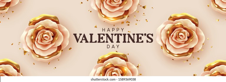 Happy Valentine's Day. Background with realistic 3d flower metal rose, beige and gold color, Glitter golden confetti. Pattern of flower buds. Horizontal banner, poster, header for website. Vector