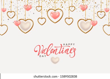 Happy Valentine's Day. Background With Realistic Metallic Gold And Pink Hearts Hanging On Ribbon, Falling Glitter Confetti. Greeting Card, Gift Poster, Holiday Banner.