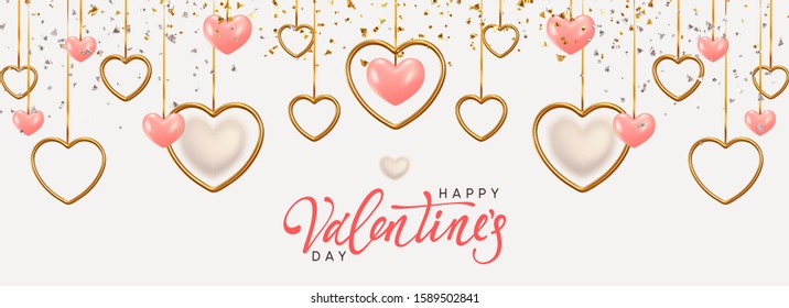 Happy Valentine's Day. Background with realistic metallic gold and pink hearts hanging on ribbon, falling glitter confetti. Greeting card, gift poster, holiday banner. website for header