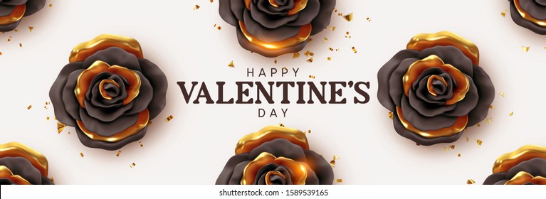 Happy Valentine's Day. Background with realistic 3d flower metal rose, black and gold color, Glitter golden confetti. Pattern of flower buds. Horizontal banner, poster, header for website. Vector