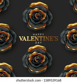 Happy Valentine's Day. Background with realistic 3d flower metal rose, black and gold color. Pattern of flower buds. Vector illustration