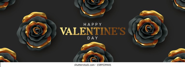 Happy Valentine's Day. Background with realistic 3d flower metal rose, black and gold color. Pattern of flower buds. Horizontal banner, poster, header for website. Vector illustration