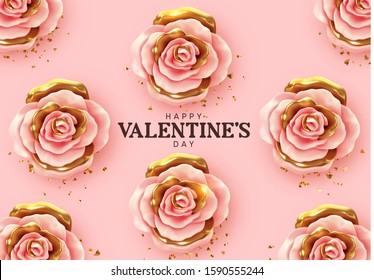 Happy Valentine's Day. Background with realistic 3d flower metal rose, pink and gold color, Glitter golden confetti. Pattern of flower buds. Vector illustration