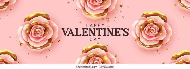 Happy Valentine's Day. Background with realistic 3d flower metal rose, pink and gold color, Glitter golden confetti. Pattern of flower buds. Horizontal banner, poster, header for website. Vector