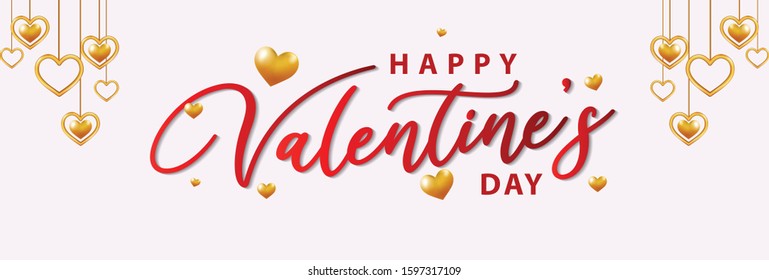 Happy Valentine's Day. Background with realistic metallic gold and pink hearts hanging on ribbon, falling glitter confetti. Greeting card, gift poster, holiday banner.