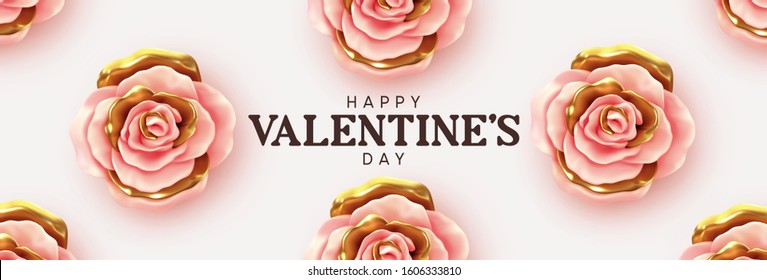 Happy Valentines Day. Background with realistic 3d flower metal rose, pink and gold color. Pattern of flower buds. Horizontal banner, poster, header for website. Vector illustration