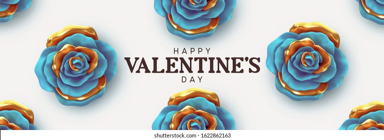 Happy Valentine's Day. Background with realistic 3d flower metal rose, blue and gold color. Pattern of flower buds. Horizontal banner, poster, header for website. Vector illustration