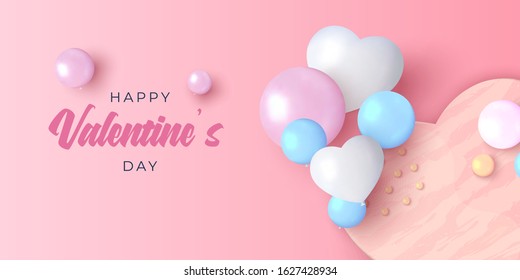 Happy Valentines day background in realistic vector design. Beautiful holiday layout with heart shaped love cake and baloons. Romance greeting web banner layout template. 