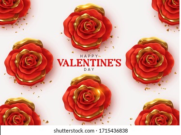 Happy Valentine's Day. Background with realistic 3d flower metal rose, red and gold color, Glitter golden confetti. Pattern of flower buds. Vector illustration