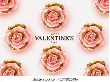 Happy Valentine's Day. Background with realistic 3d flower metal rose, pink and gold color. Pattern of flower buds. Vector illustration