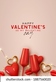 Feliz Día de San Valentín. Antecedentes con un objetivo de decoración realista en 3d. Dos Vidrio Rojo de vino, corazón rojo volumétrico y forma de metal dorado. Pancarta romántica, afiche sorpresa, volante y folleto. Boda de vacaciones