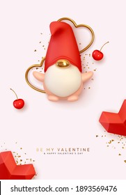 Feliz Día de San Valentín. Diseño realista con objetos decorativos románticos en el gnomo escandinavo 3d para los amantes del símbolo. Corazón rojo, baya de cereza roja, confitis dorada brillante. Ilustración del vector