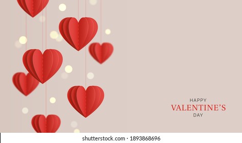 Happy Valentine's Day. Background with realistic hanging paper red hearts. Hearts motion blur effect. Bokeh effect. Vector illustration.
