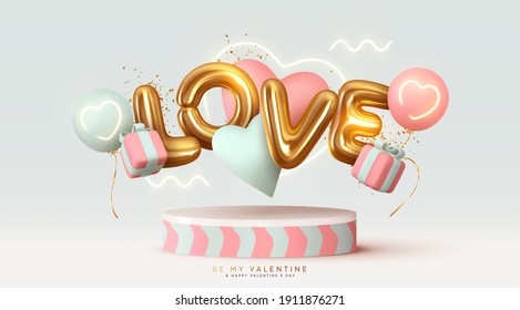 Happy Valentine's Day background. Realistic 3d stage podium, round studio, festive decorative objects, heart shaped balloons, love word text, gift box, glitter gold confetti. Holiday banner, poster