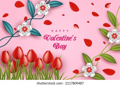 Feliz Día de San Valentín con flores y elementos realistas