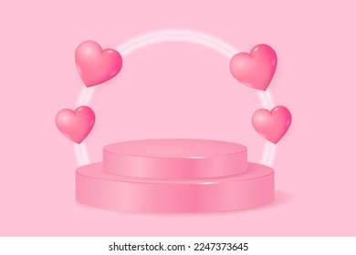 Happy Valentines day background with realistic 3D love heart and podium. Romantic background design. Holiday banner, web poster, flyer, stylish brochure, greeting card, cover. Vector art illustration.