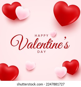 Happy Valentines day background with realistic 3D love heart. Romantic background design. Holiday banner, web poster, flyer, stylish brochure, greeting card, cover. Vector art illustration.