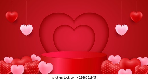 Happy Valentines day background with realistic 3D love heart and podium. Romantic background design. Holiday banner, web poster, flyer, stylish brochure, greeting card, cover. Vector art illustration.