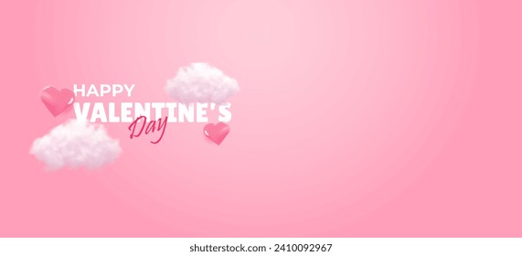 Happy Valentine's day background with realistic hearts and clouds. Pink background for product presentation. Holiday cover for sale template. Vector illustration