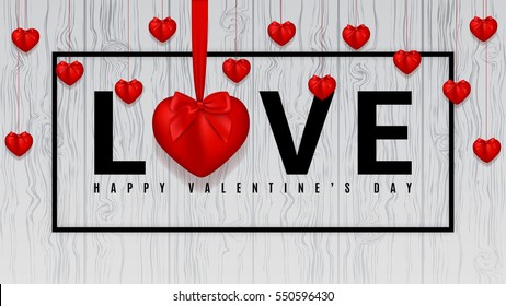 Happy Valentine's Day background. Realistic hearts with bows on tapes isolated on wooden texture. Vector illustration. 