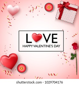 Happy valentines day background. Red pink hearts, candles, rose flower, present, red gold confetti and ribbon
