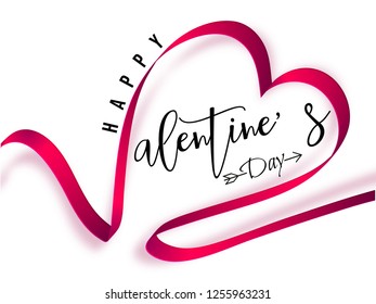 Feliz Día de San Valentín de fondo con cinta roja en forma de corazón.