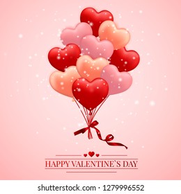 Happy Valentines Day background, red , pink and orange balloon in form of heart with bow and ribbon. Vector illustration.