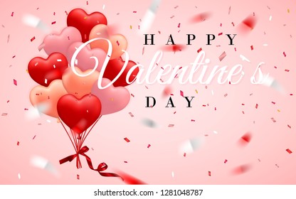 Happy Valentines Day background, red, pink and orange balloon in form of heart with bow and ribbon and Paper shopping bag. Vector illustration.