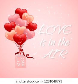 Happy Valentines Day background, red, pink and orange balloon in form of heart with bow and ribbon and Paper shopping bag. Vector illustration.