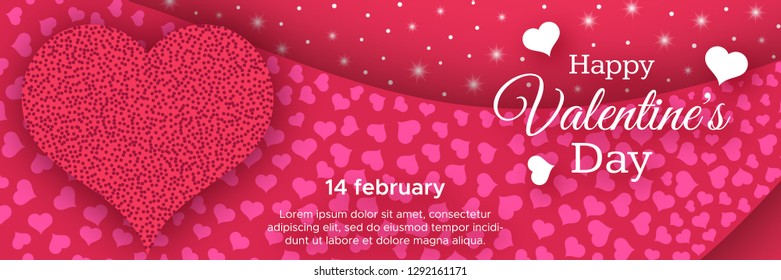 Happy Valentines Day Background. Red greeting horizontal banner with text and hearts. Vector illustration.