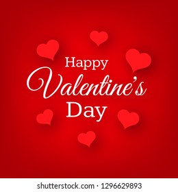 Happy Valentines Day Background. Red greeting banner with text and hearts. Vector illustration.