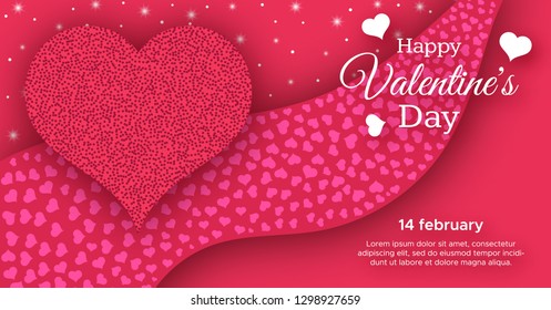Happy Valentines Day Background. Red greeting horizontal banner with text and hearts. Vector illustration.