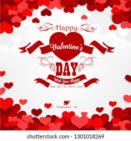 Happy valentines day background with red hearts and red ribbon