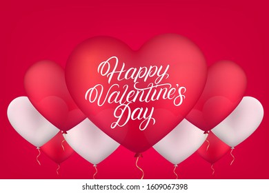 Happy valentines day background. Red, pink and white gel balloons in the shape of a heart with hand written lettering text. Realistic 3d style. Vector illustration.
