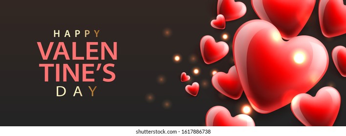 Happy Valentine's Day, background with red hearts, horizontal banner, vector illustration