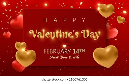 Happy Valentine's Day background with red and gold hearts and real composition for fashion banner, holiday hearts, web poster,flyer, stylish brochure, greeting card,cover. Luxury concept. Vector EPS10
