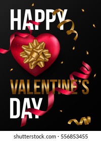 Happy Valentines Day background with red heart gold ribbon, bow. Vector illustration