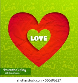 Happy Valentines day background with red crumpled paper heart on green icons seamless pattern vector illustration