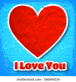 Happy Valentines day background with red crumpled paper inscription heart on blue icons seamless pattern vector illustration