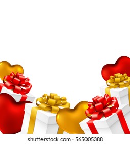 Happy valentines day background with red, yellow hearts and gift boxes. Vector illustration.