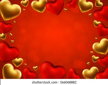 Happy valentines day background with red, gold  hearts. Vector illustration.