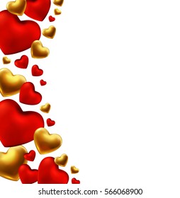 Happy valentines day background with red, gold  hearts. Vector illustration.