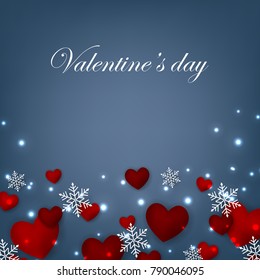 Happy Valentines Day background with red hearts on blue bakcground
