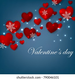Happy Valentines Day background with red hearts on blue bakcground