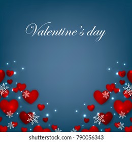 Happy Valentines Day background with red hearts on blue bakcground